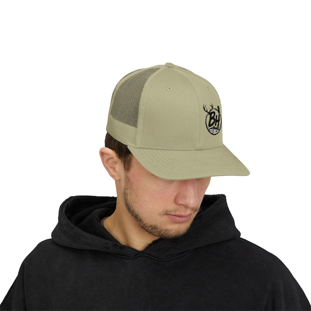 BH Deer Logo Trucker Cap — Embroidered Snapback Hat for Outdoorsmen