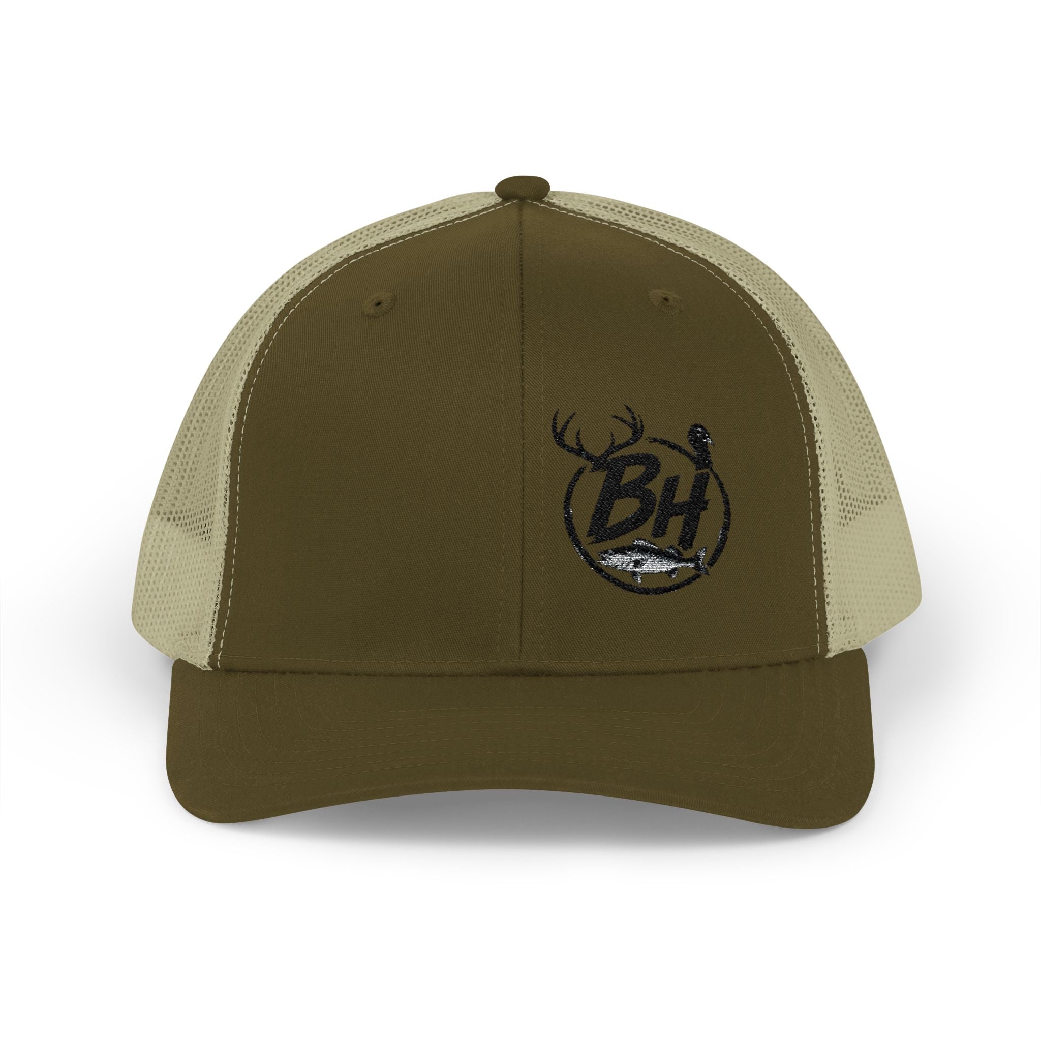 BH Deer Logo Trucker Cap — Embroidered Snapback Hat for Outdoorsmen