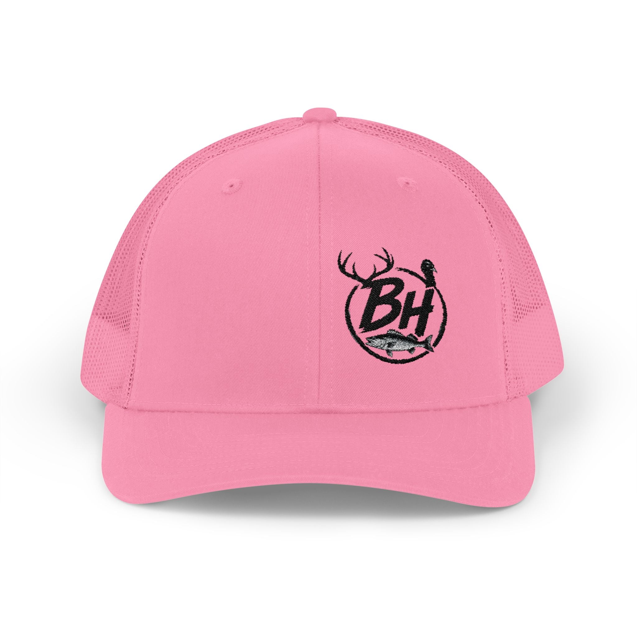 BH Deer Logo Trucker Cap — Embroidered Snapback Hat for Outdoorsmen
