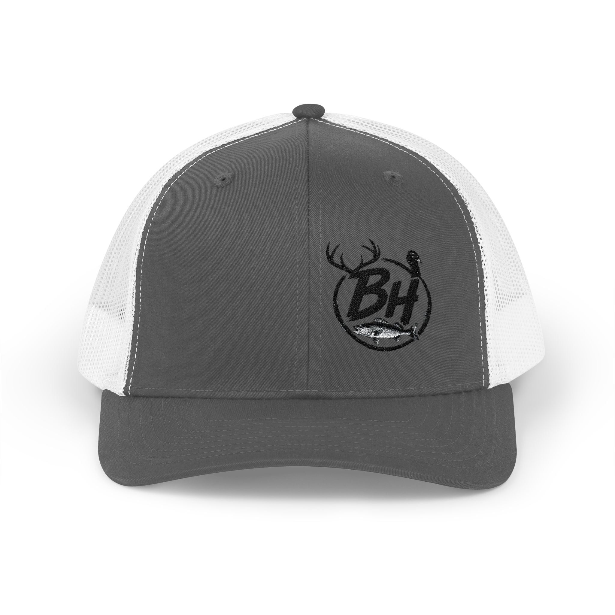 BH Deer Logo Trucker Cap — Embroidered Snapback Hat for Outdoorsmen