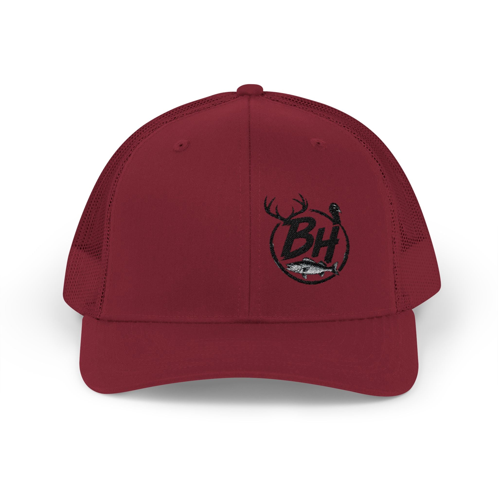 BH Deer Logo Trucker Cap — Embroidered Snapback Hat for Outdoorsmen