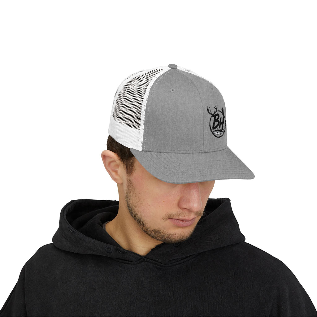 BH Deer Logo Trucker Cap — Embroidered Snapback Hat for Outdoorsmen