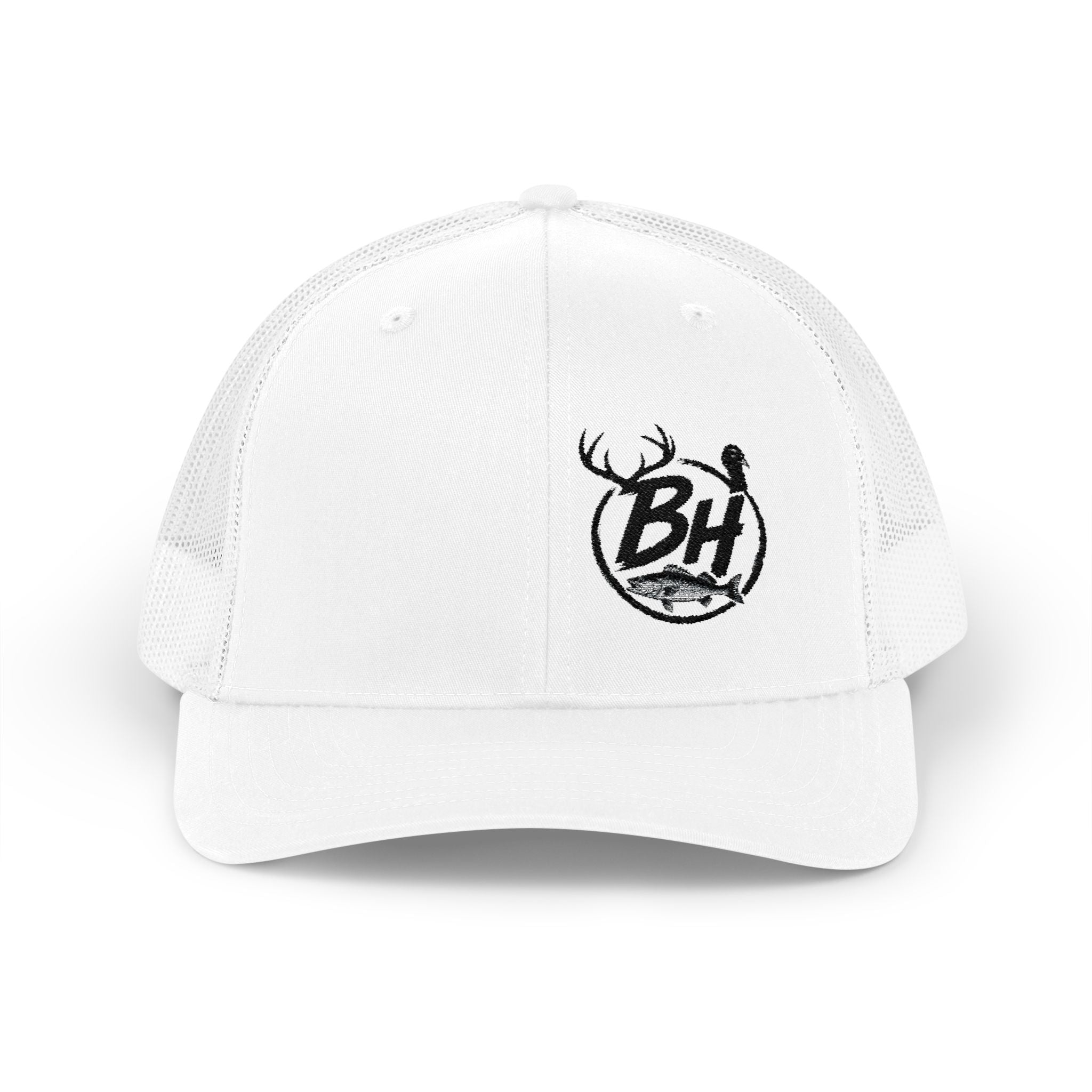 BH Deer Logo Trucker Cap — Embroidered Snapback Hat for Outdoorsmen