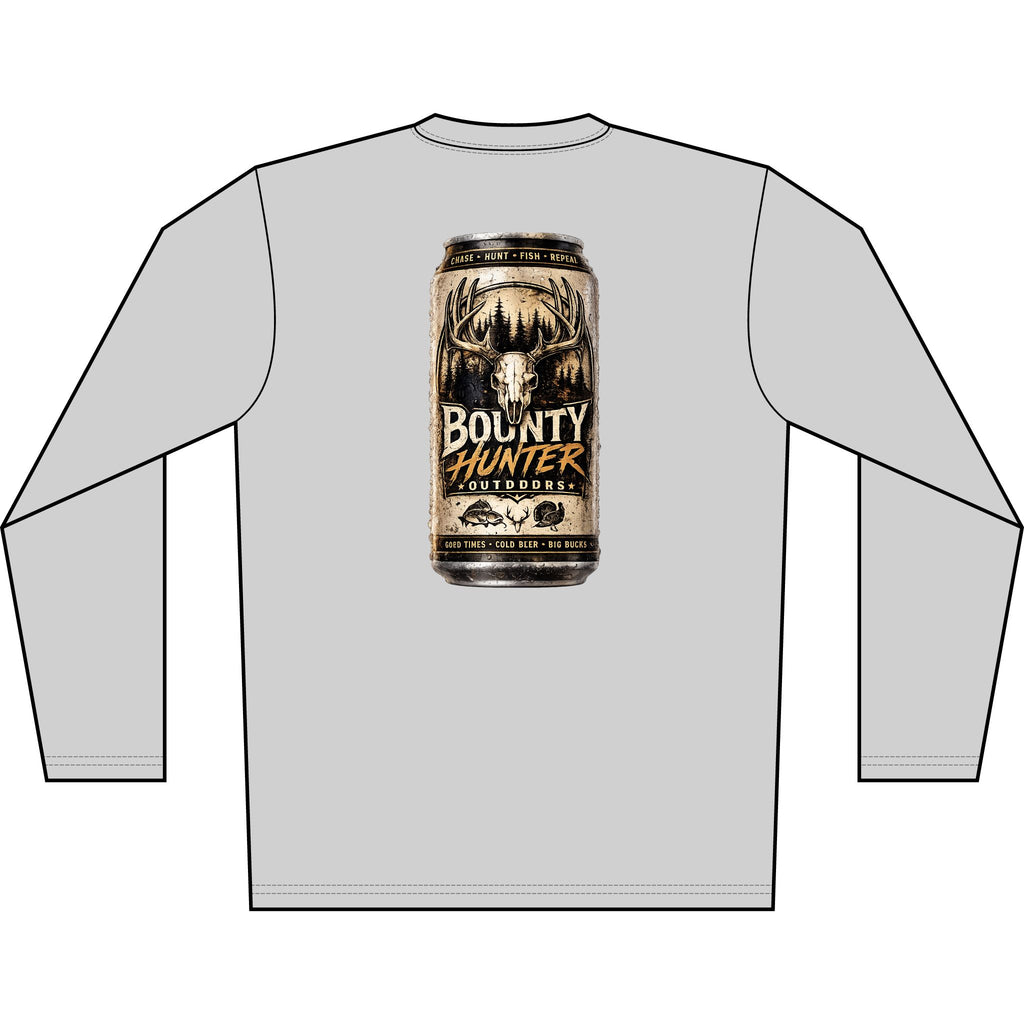 Bounty Hunter Outdoors Long Sleeve Shirt — Rustic Beer Can Hunting Graphic