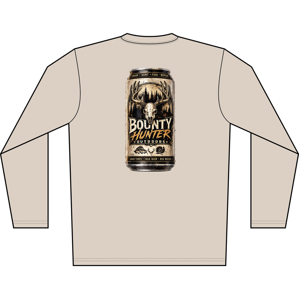 Bounty Hunter Outdoors Long Sleeve Shirt — Rustic Beer Can Hunting Graphic
