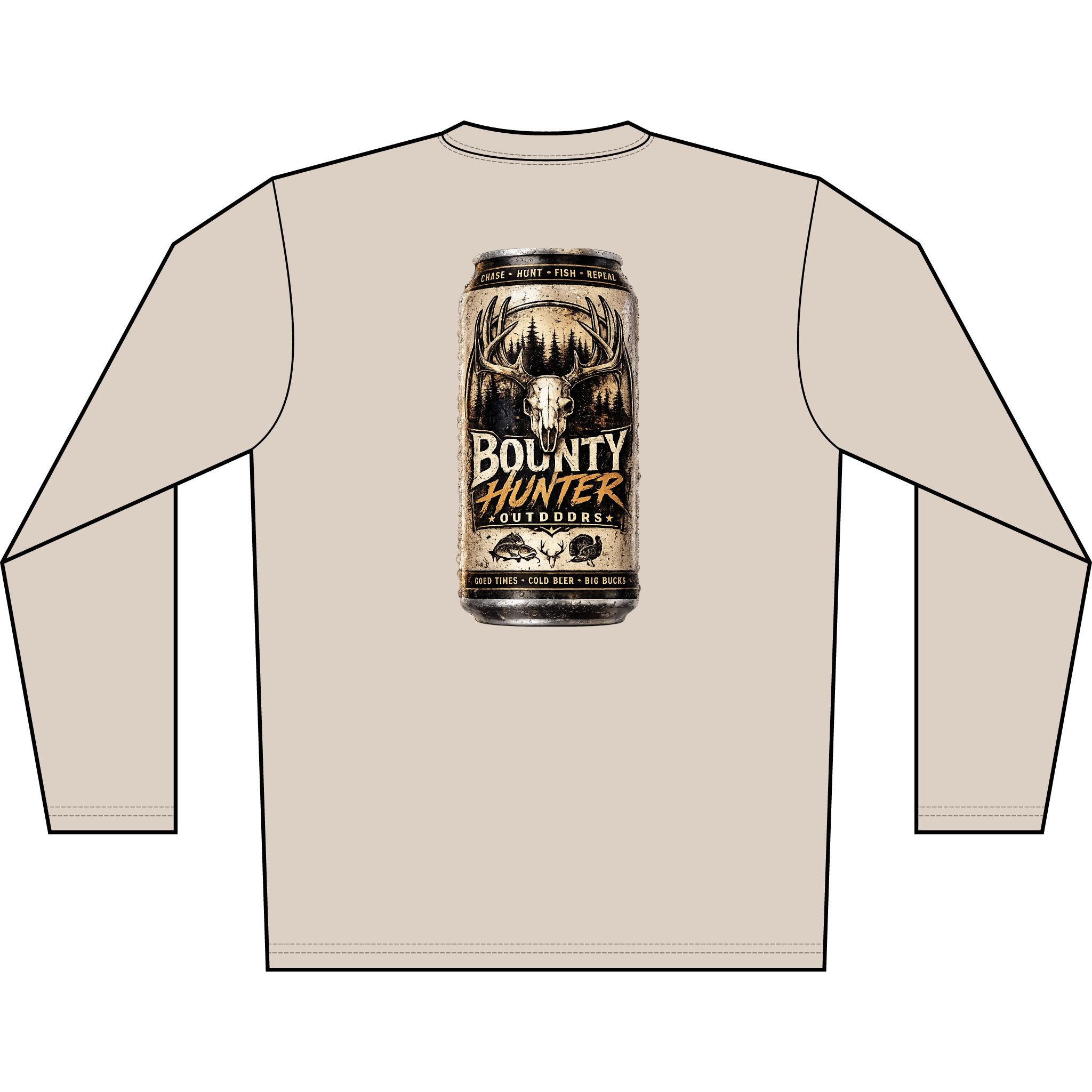 Bounty Hunter Outdoors Long Sleeve Shirt — Rustic Beer Can Hunting Graphic