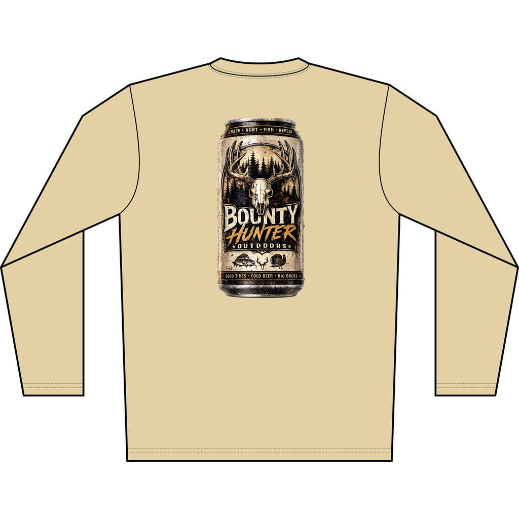 Bounty Hunter Outdoors Long Sleeve Shirt — Rustic Beer Can Hunting Graphic