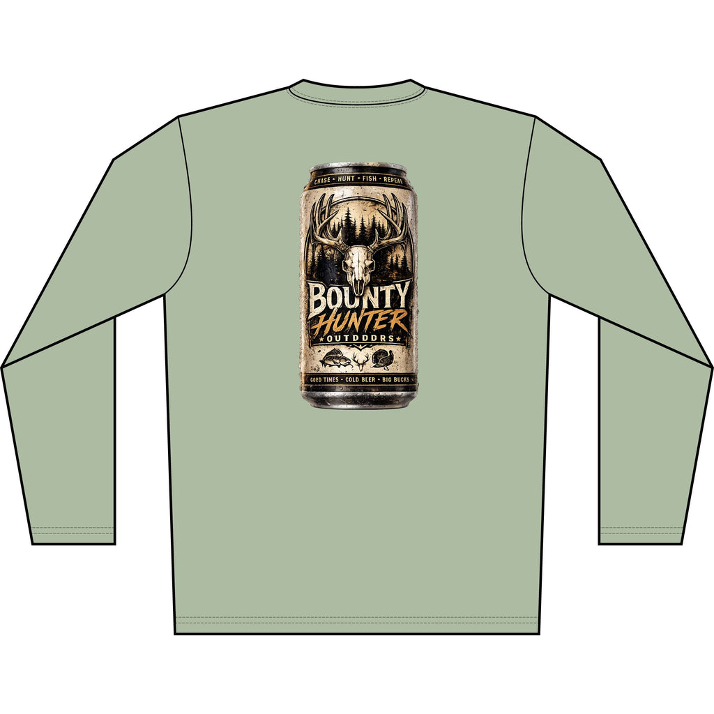 Bounty Hunter Outdoors Long Sleeve Shirt — Rustic Beer Can Hunting Graphic