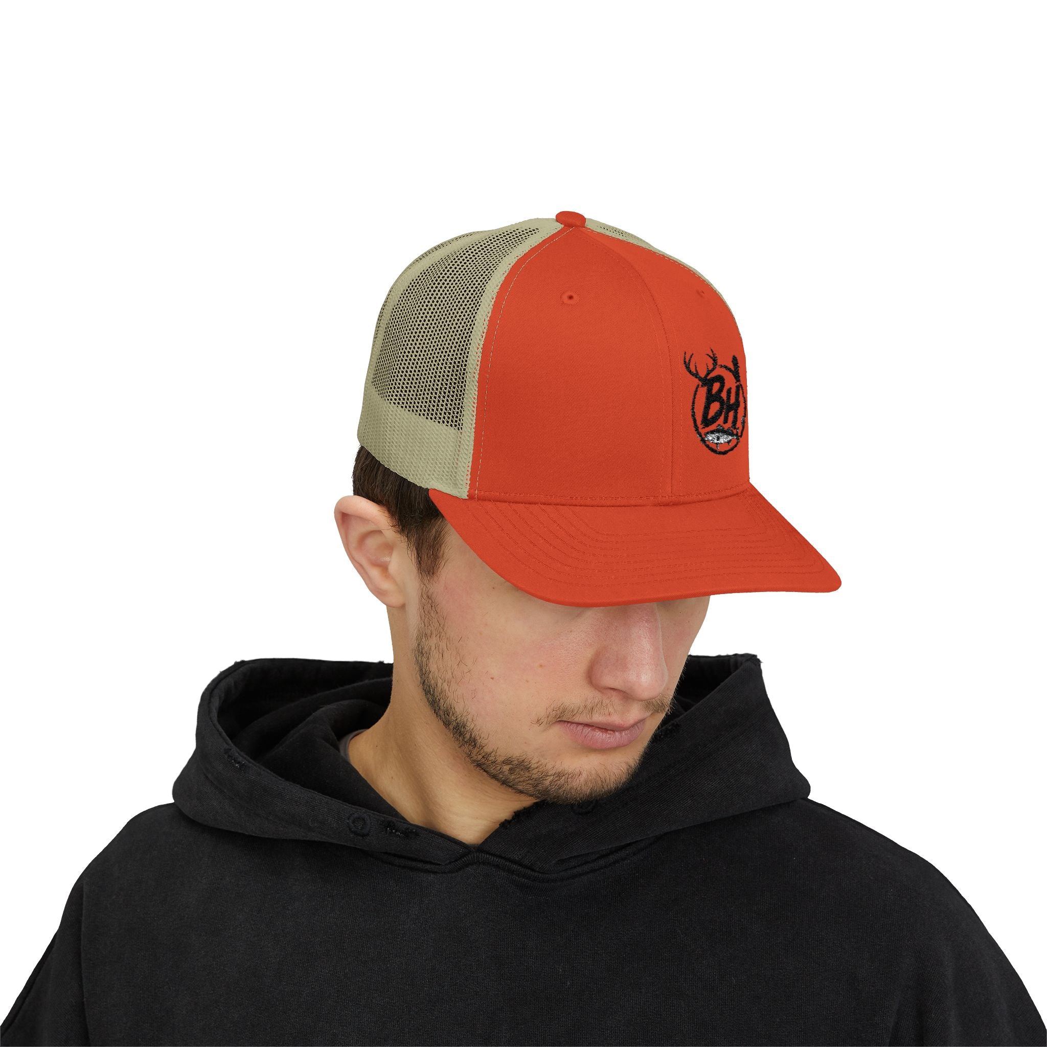 BH Deer Logo Trucker Cap — Embroidered Snapback Hat for Outdoorsmen