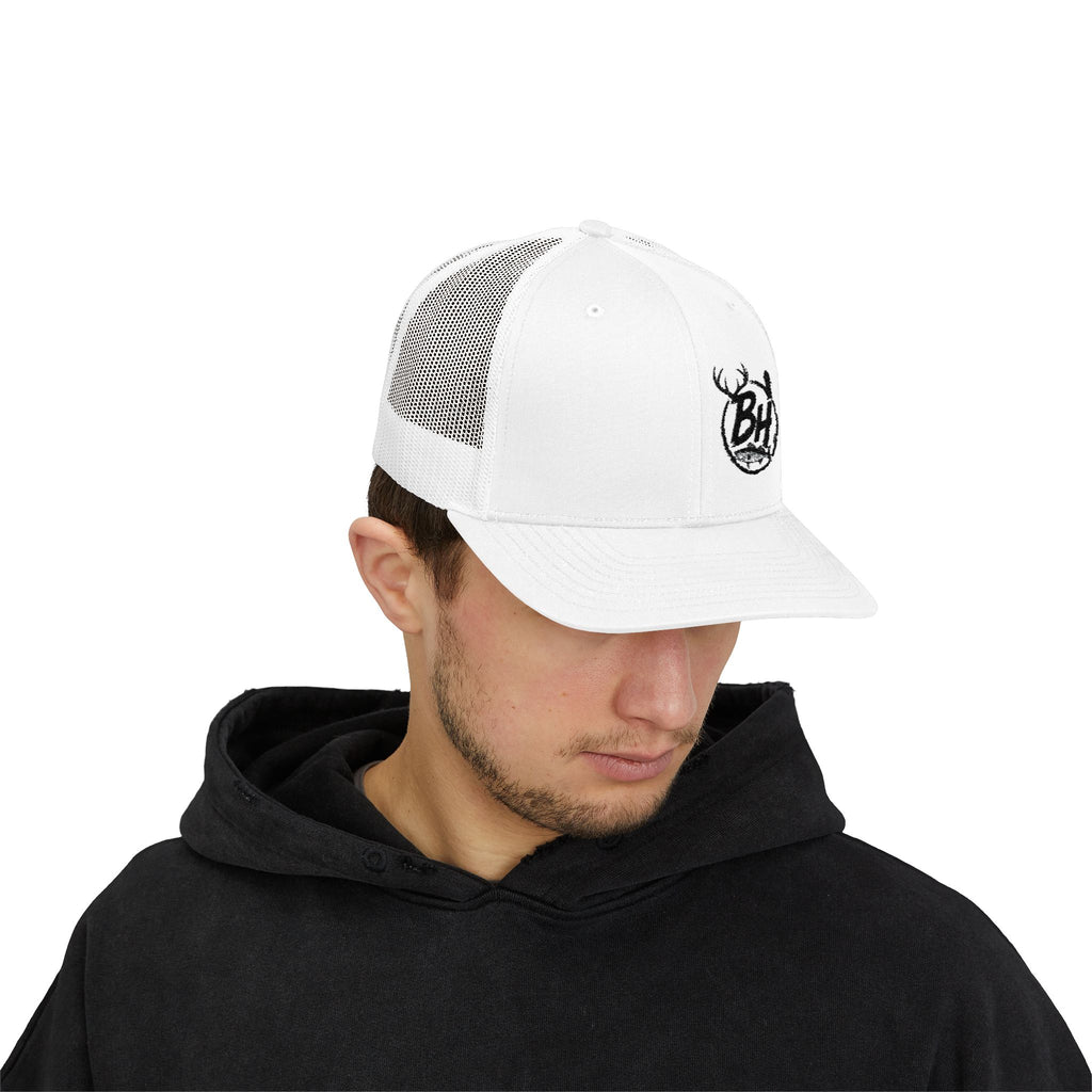BH Deer Logo Trucker Cap — Embroidered Snapback Hat for Outdoorsmen