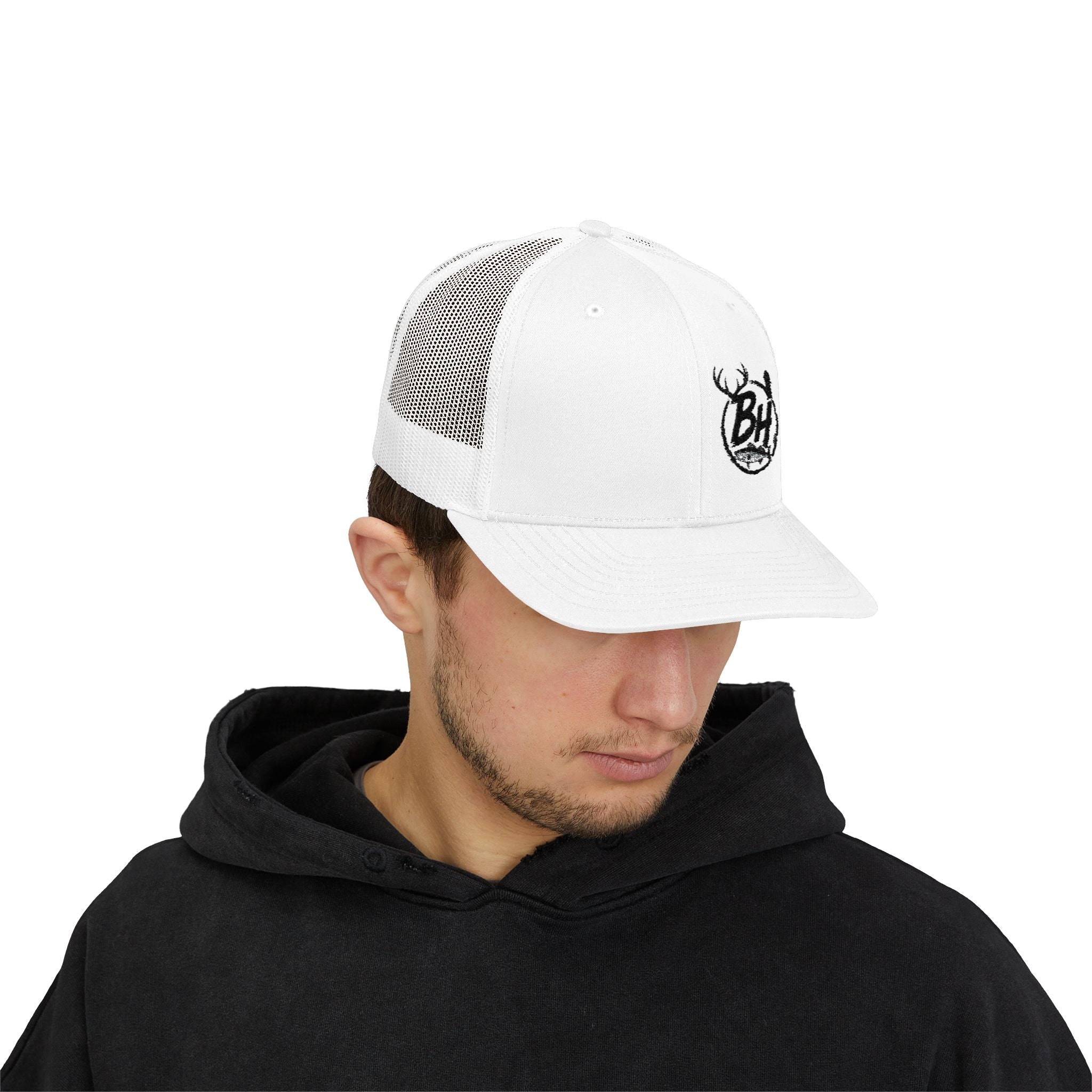 BH Deer Logo Trucker Cap — Embroidered Snapback Hat for Outdoorsmen