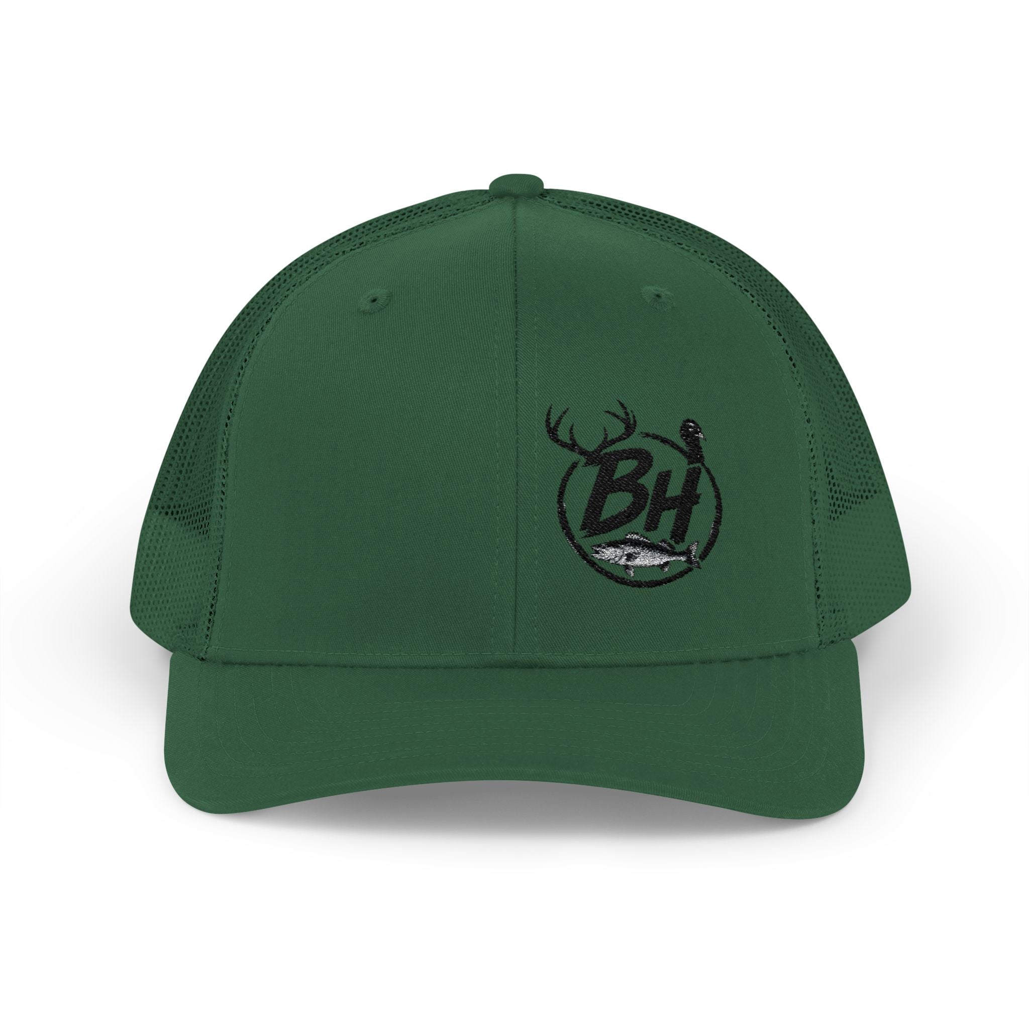 BH Deer Logo Trucker Cap — Embroidered Snapback Hat for Outdoorsmen
