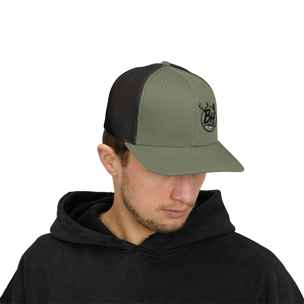BH Deer Logo Trucker Cap — Embroidered Snapback Hat for Outdoorsmen