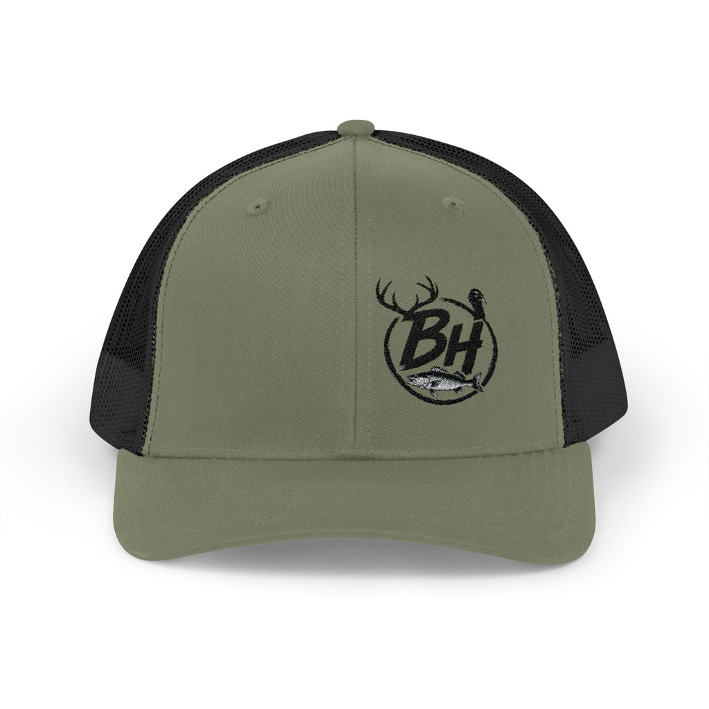 BH Deer Logo Trucker Cap — Embroidered Snapback Hat for Outdoorsmen