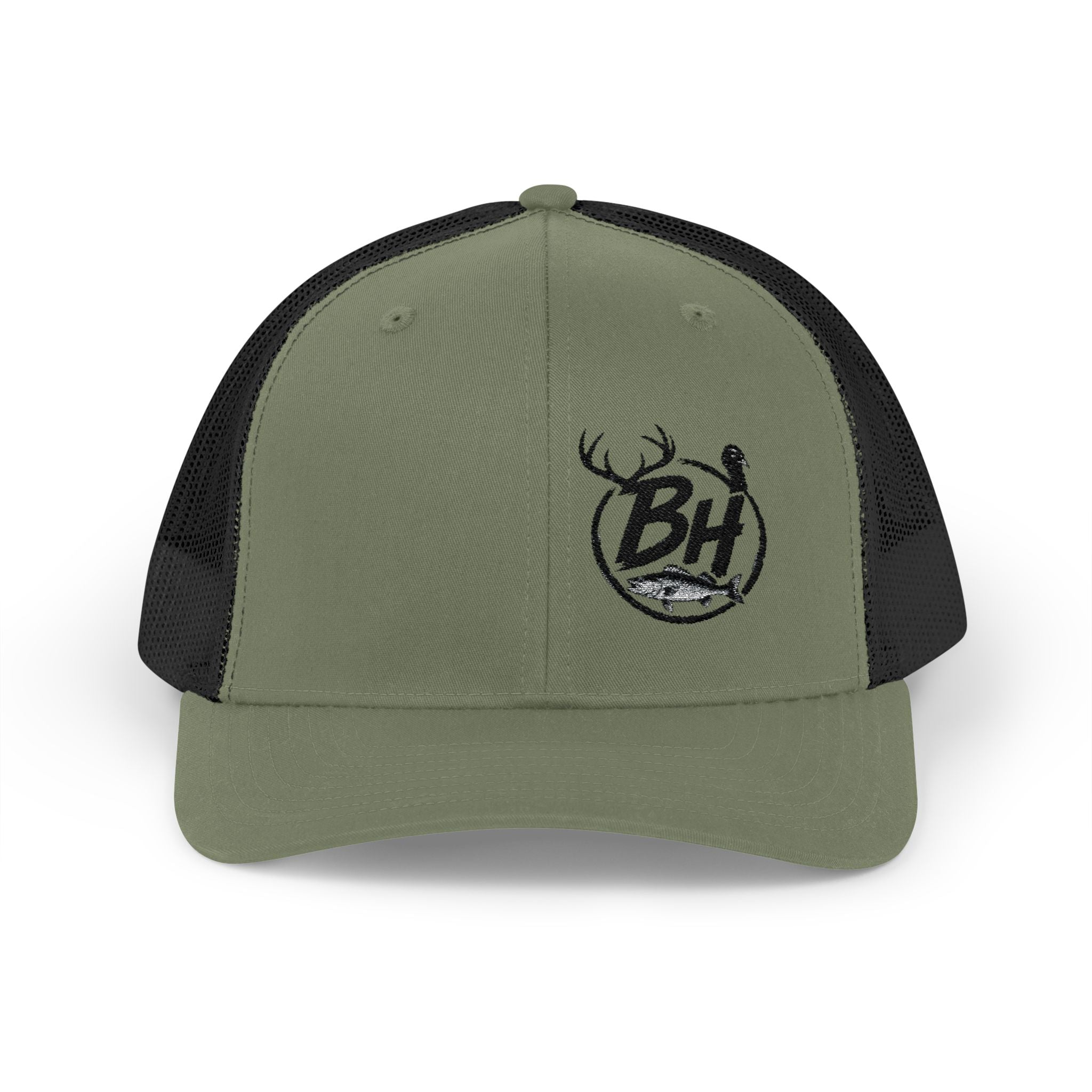 BH Deer Logo Trucker Cap — Embroidered Snapback Hat for Outdoorsmen