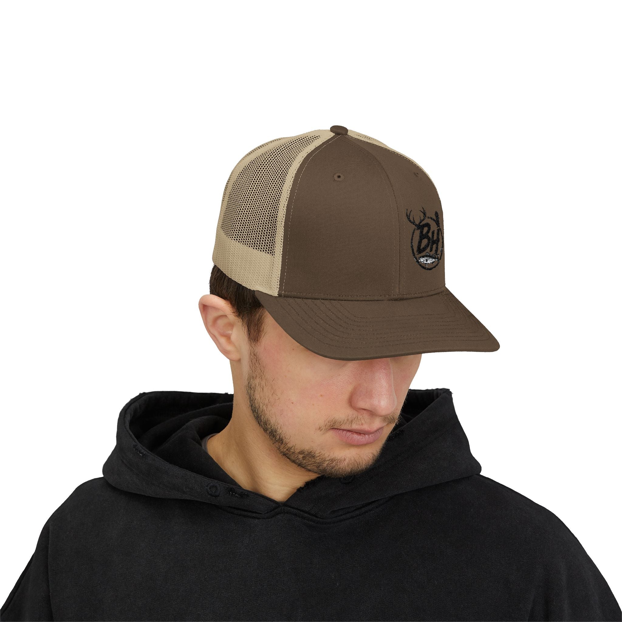 BH Deer Logo Trucker Cap — Embroidered Snapback Hat for Outdoorsmen