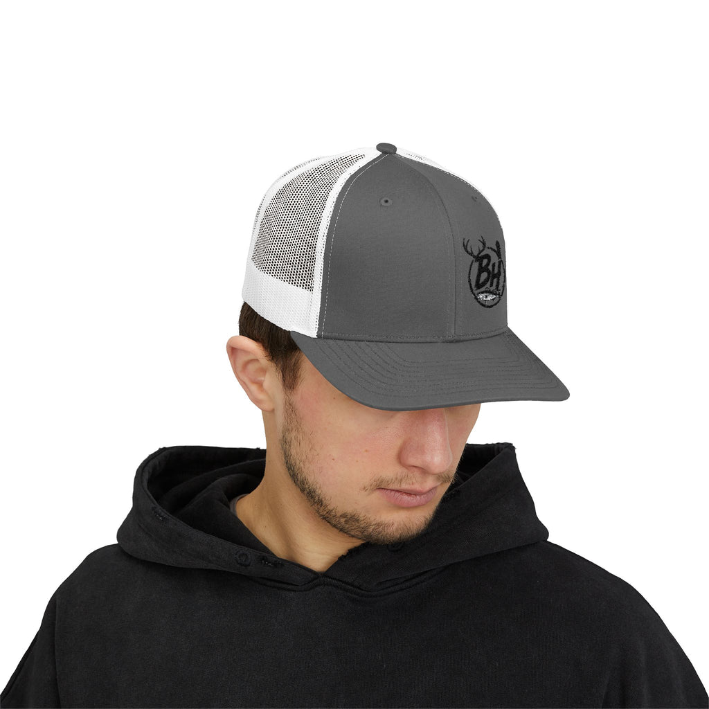 BH Deer Logo Trucker Cap — Embroidered Snapback Hat for Outdoorsmen