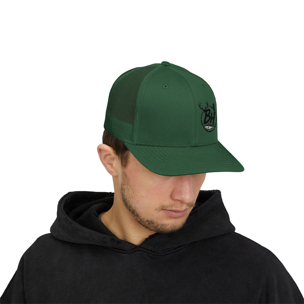 BH Deer Logo Trucker Cap — Embroidered Snapback Hat for Outdoorsmen