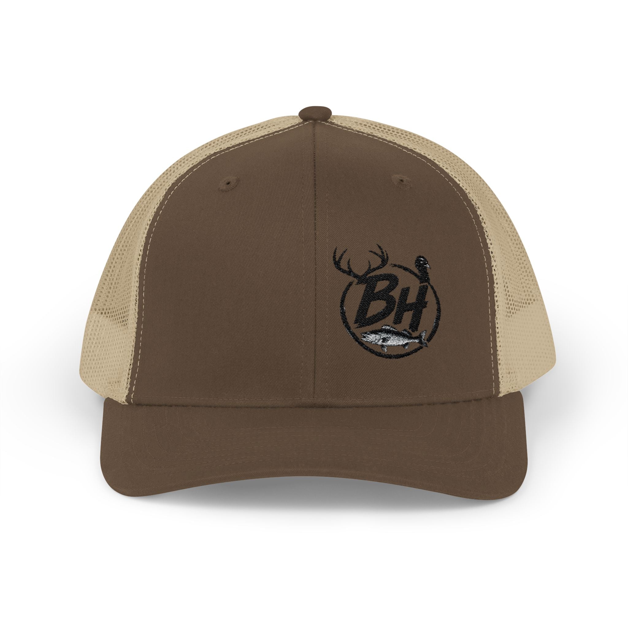 BH Deer Logo Trucker Cap — Embroidered Snapback Hat for Outdoorsmen
