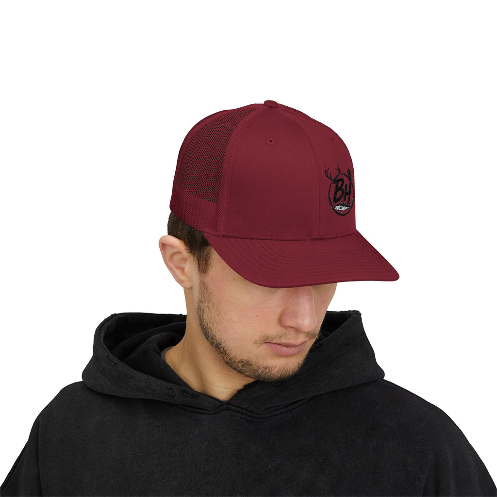 BH Deer Logo Trucker Cap — Embroidered Snapback Hat for Outdoorsmen