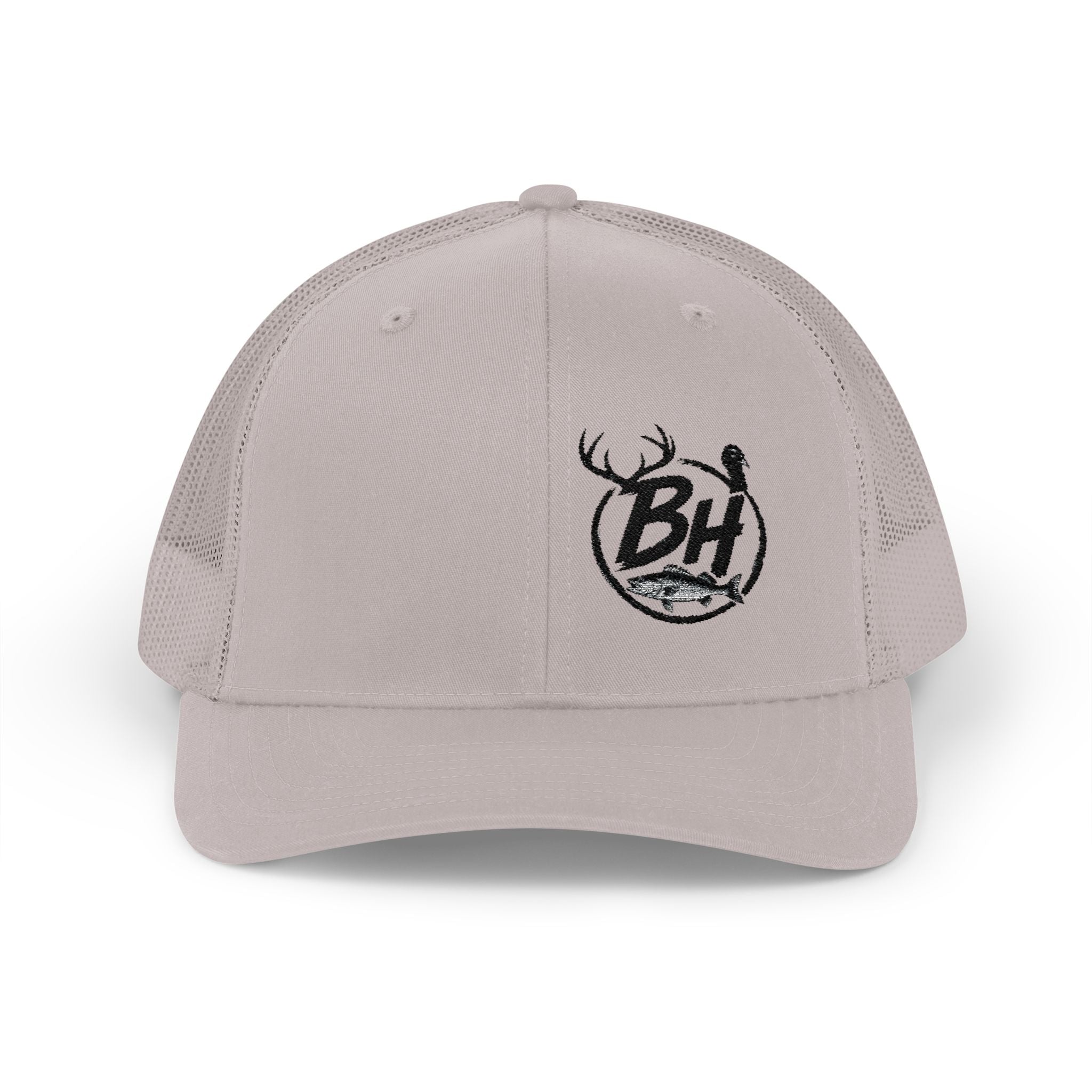 BH Deer Logo Trucker Cap — Embroidered Snapback Hat for Outdoorsmen