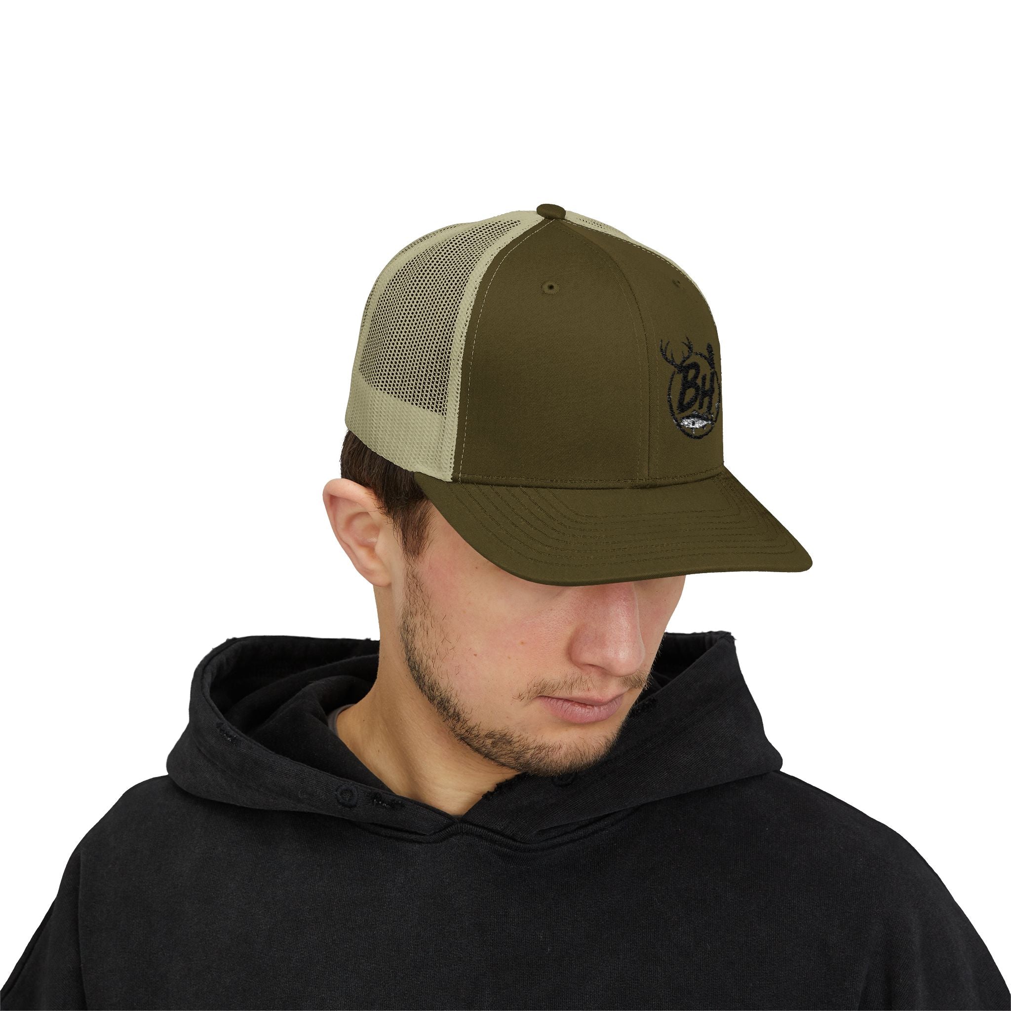 BH Deer Logo Trucker Cap — Embroidered Snapback Hat for Outdoorsmen
