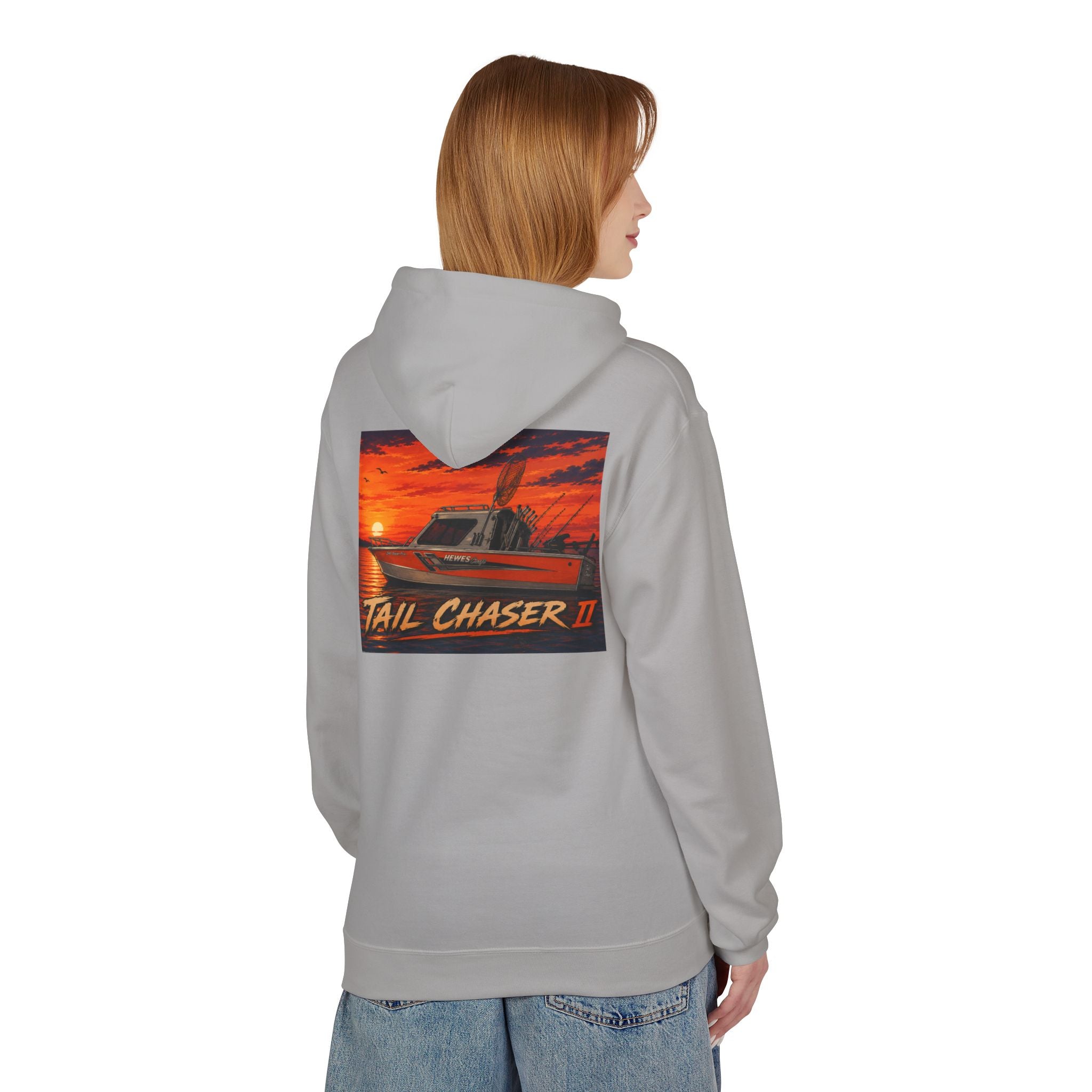 Boat Hoodie — "Tail Chaser II" Sunset Bounty Hunter Graphic