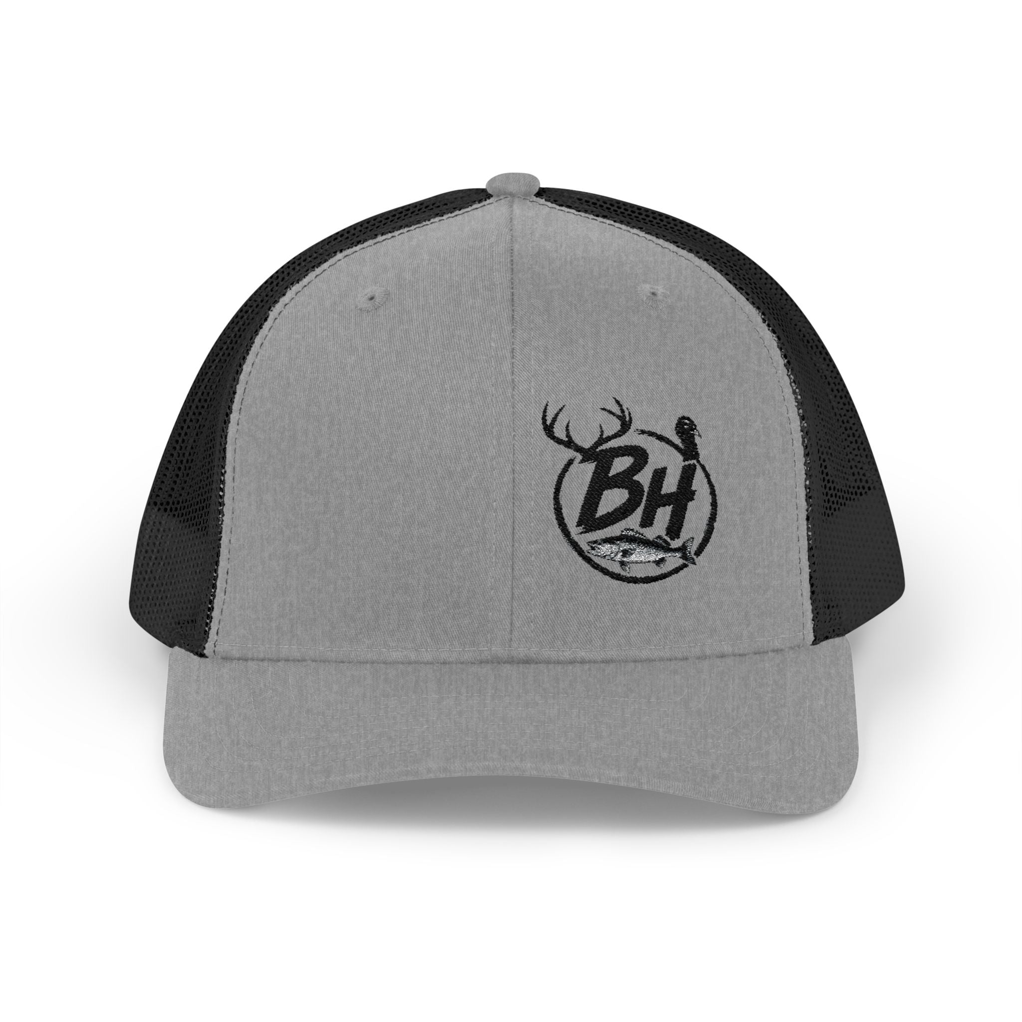 BH Deer Logo Trucker Cap — Embroidered Snapback Hat for Outdoorsmen