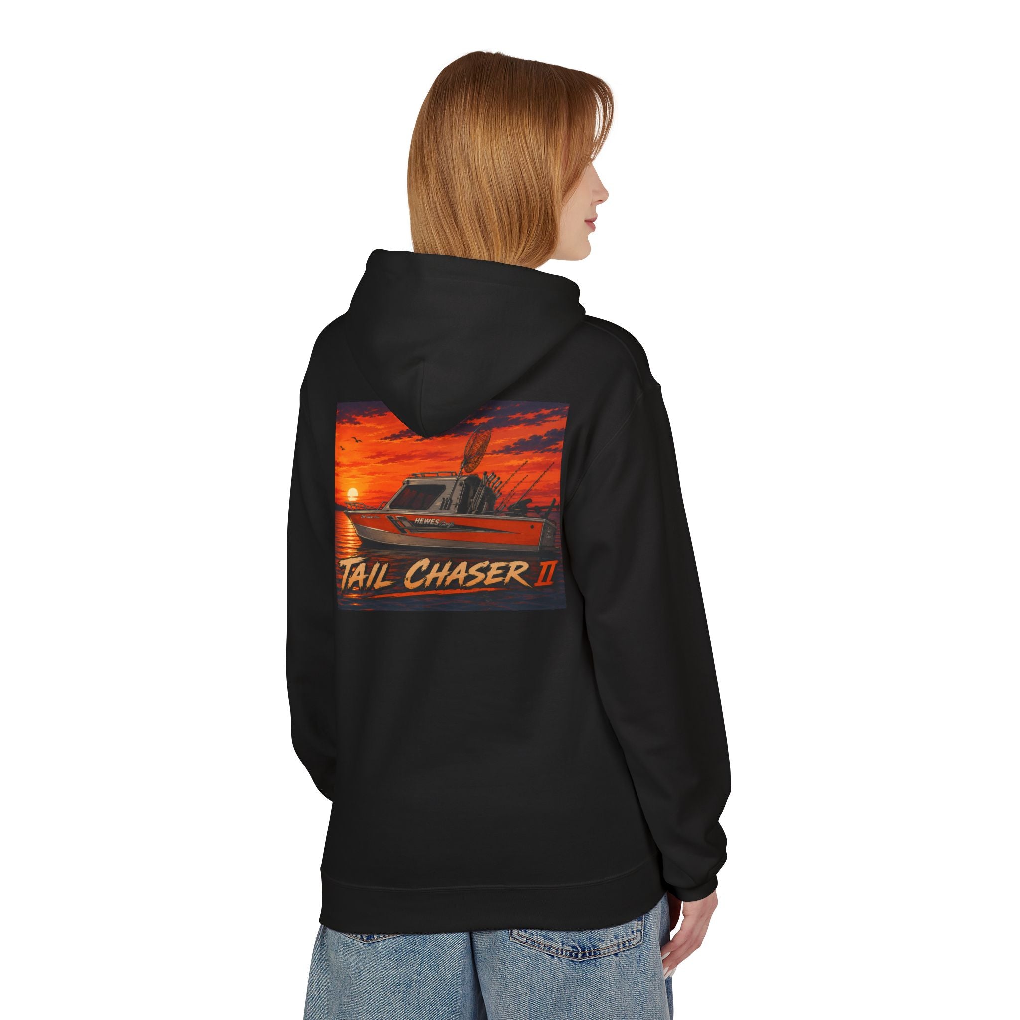 Boat Hoodie — "Tail Chaser II" Sunset Bounty Hunter Graphic