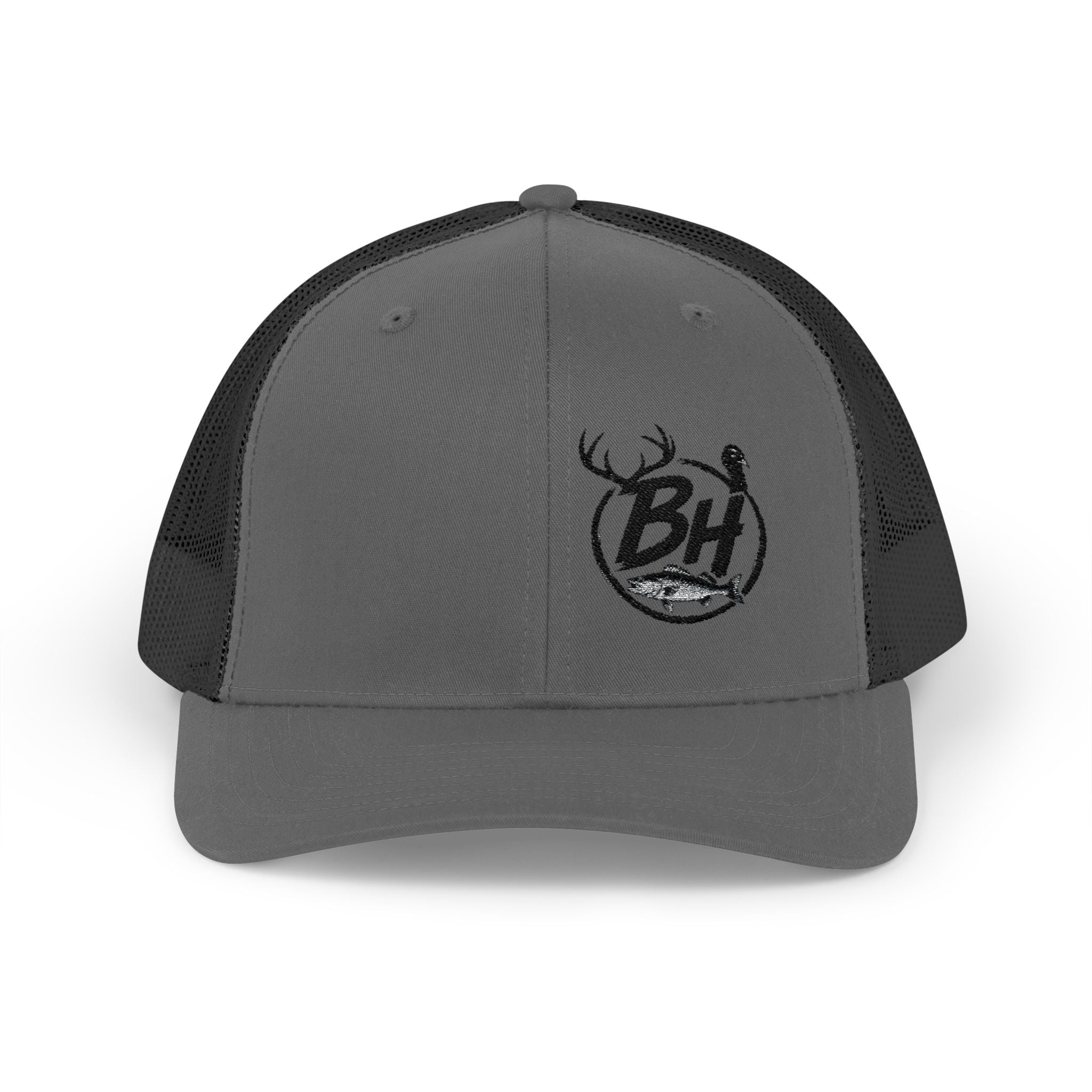 BH Deer Logo Trucker Cap — Embroidered Snapback Hat for Outdoorsmen