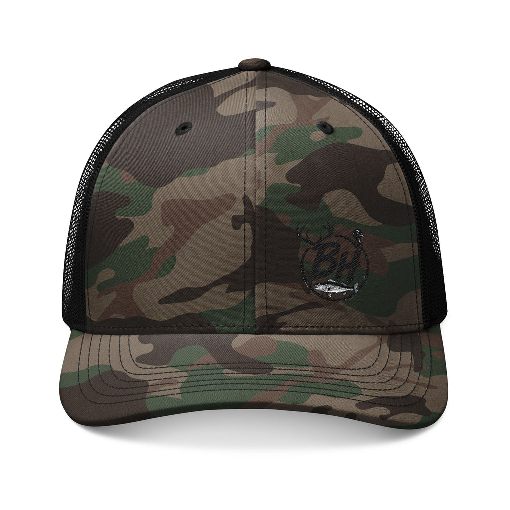 Camo Trucker Hat — Embroidered Buck Deer Logo, Outdoor Hunting Cap