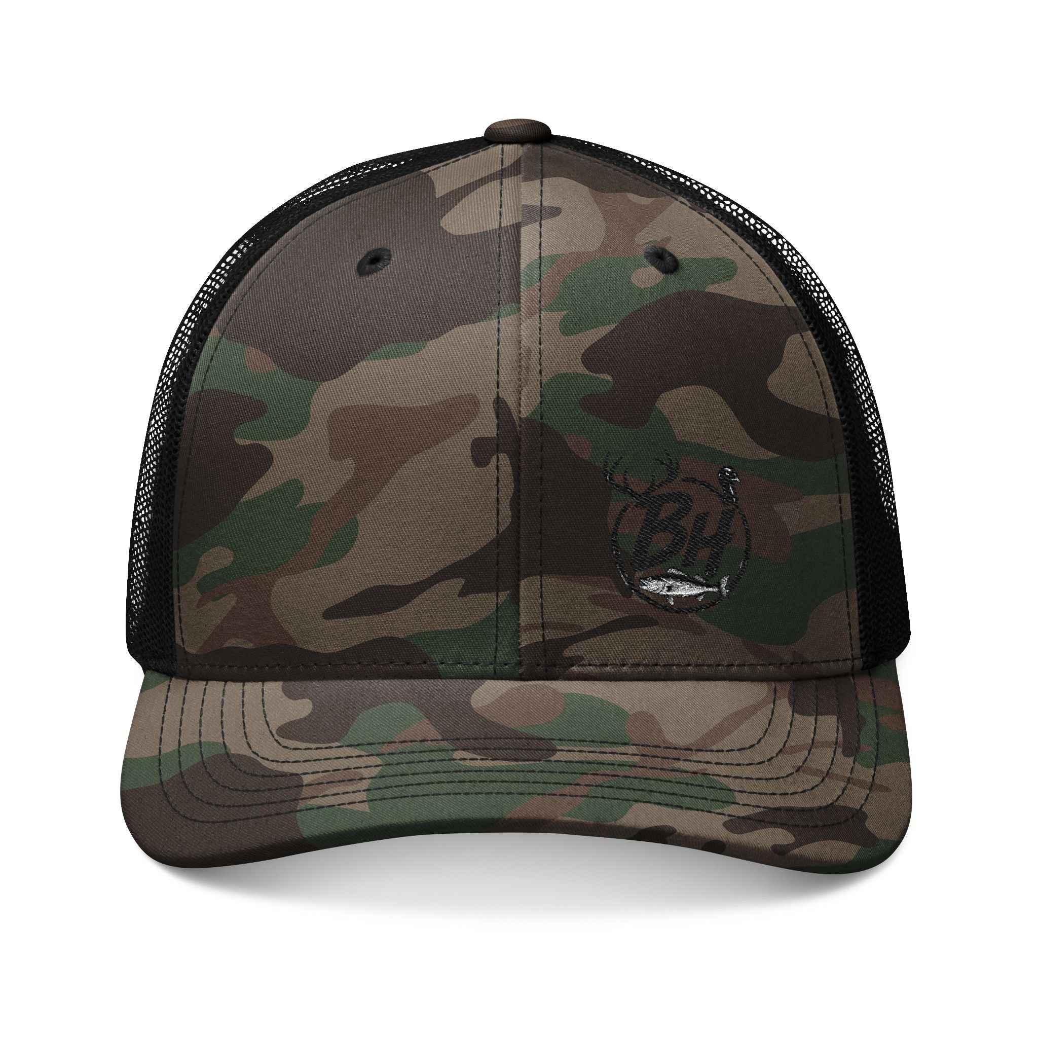 Camo Trucker Hat — Embroidered Buck Deer Logo, Outdoor Hunting Cap