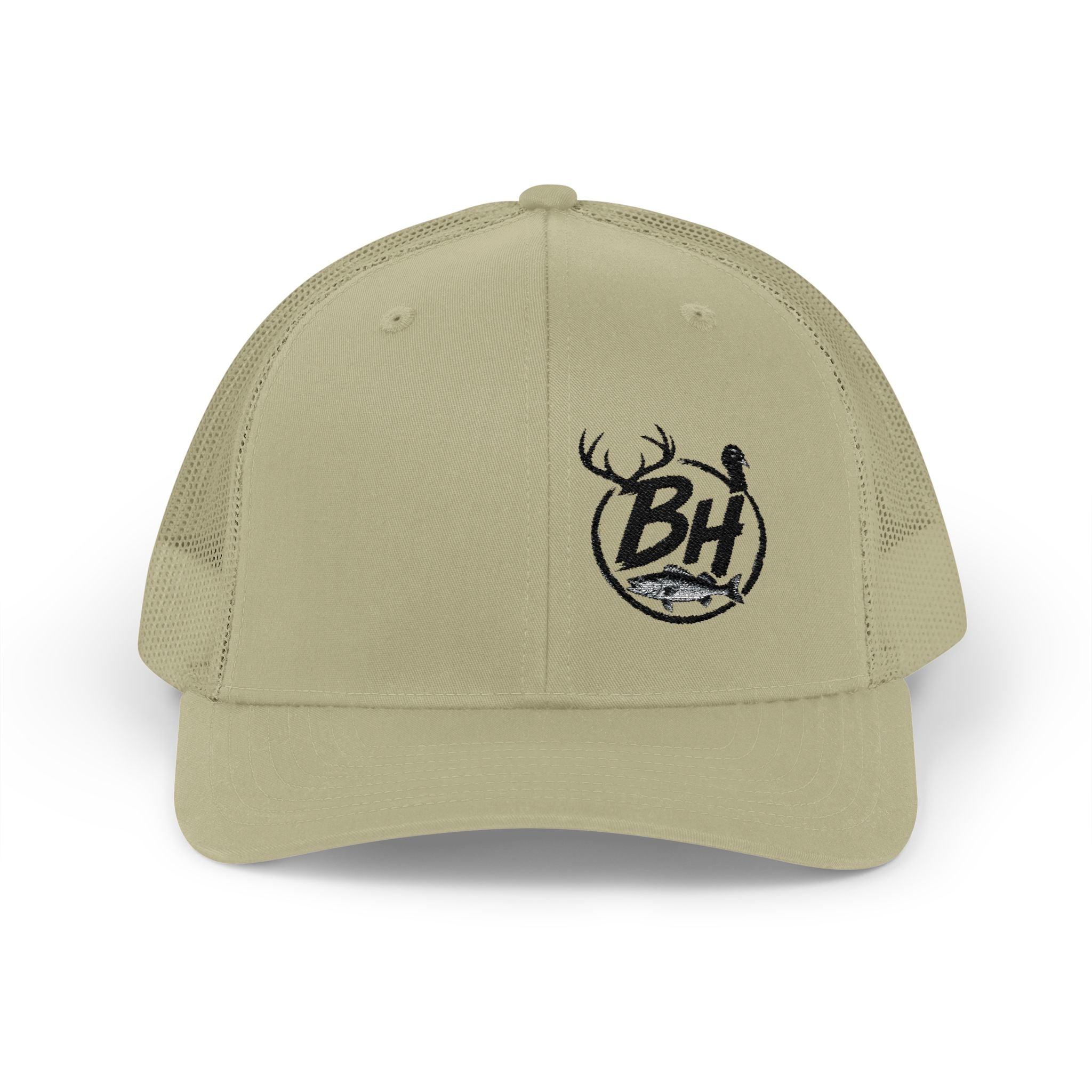 BH Deer Logo Trucker Cap — Embroidered Snapback Hat for Outdoorsmen