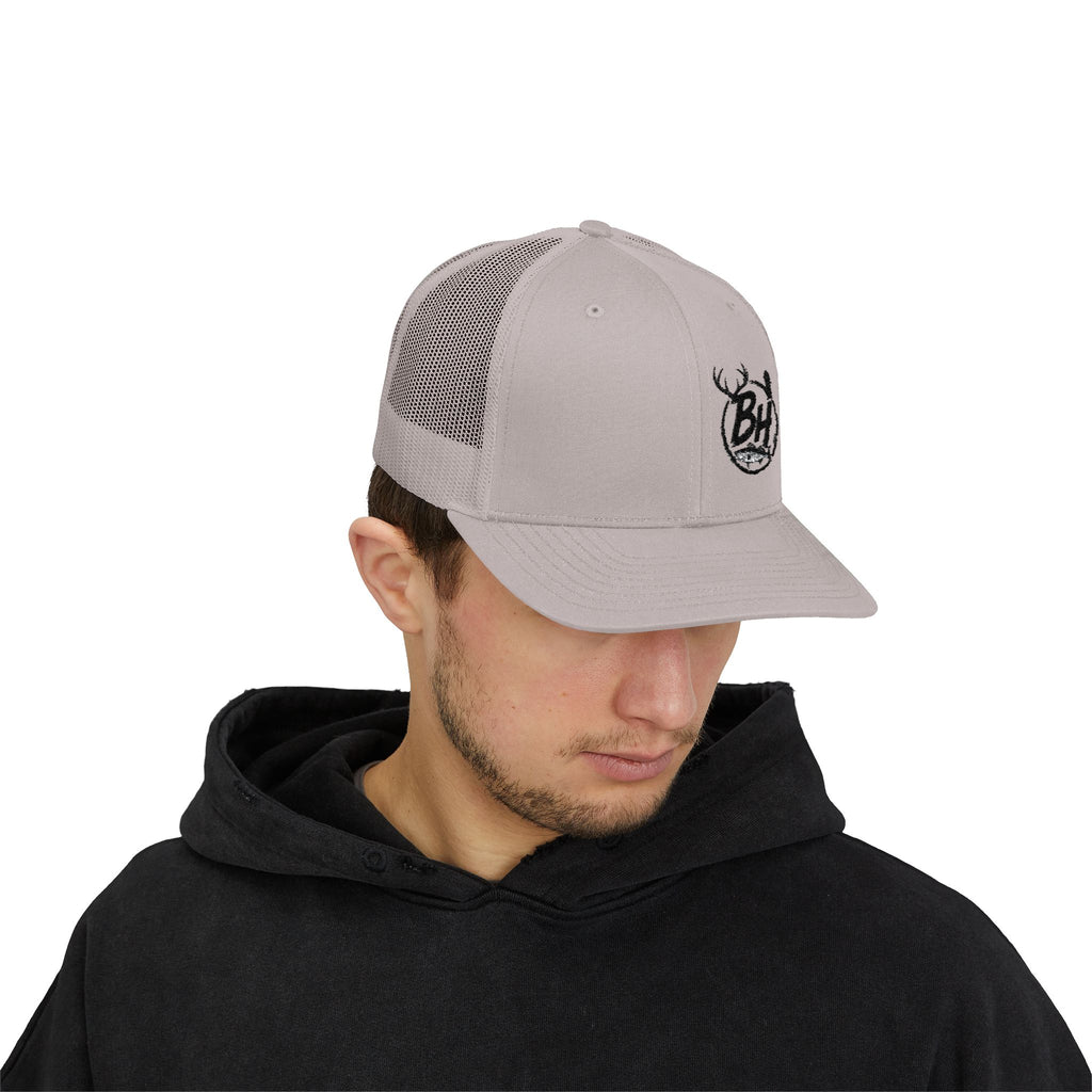 BH Deer Logo Trucker Cap — Embroidered Snapback Hat for Outdoorsmen