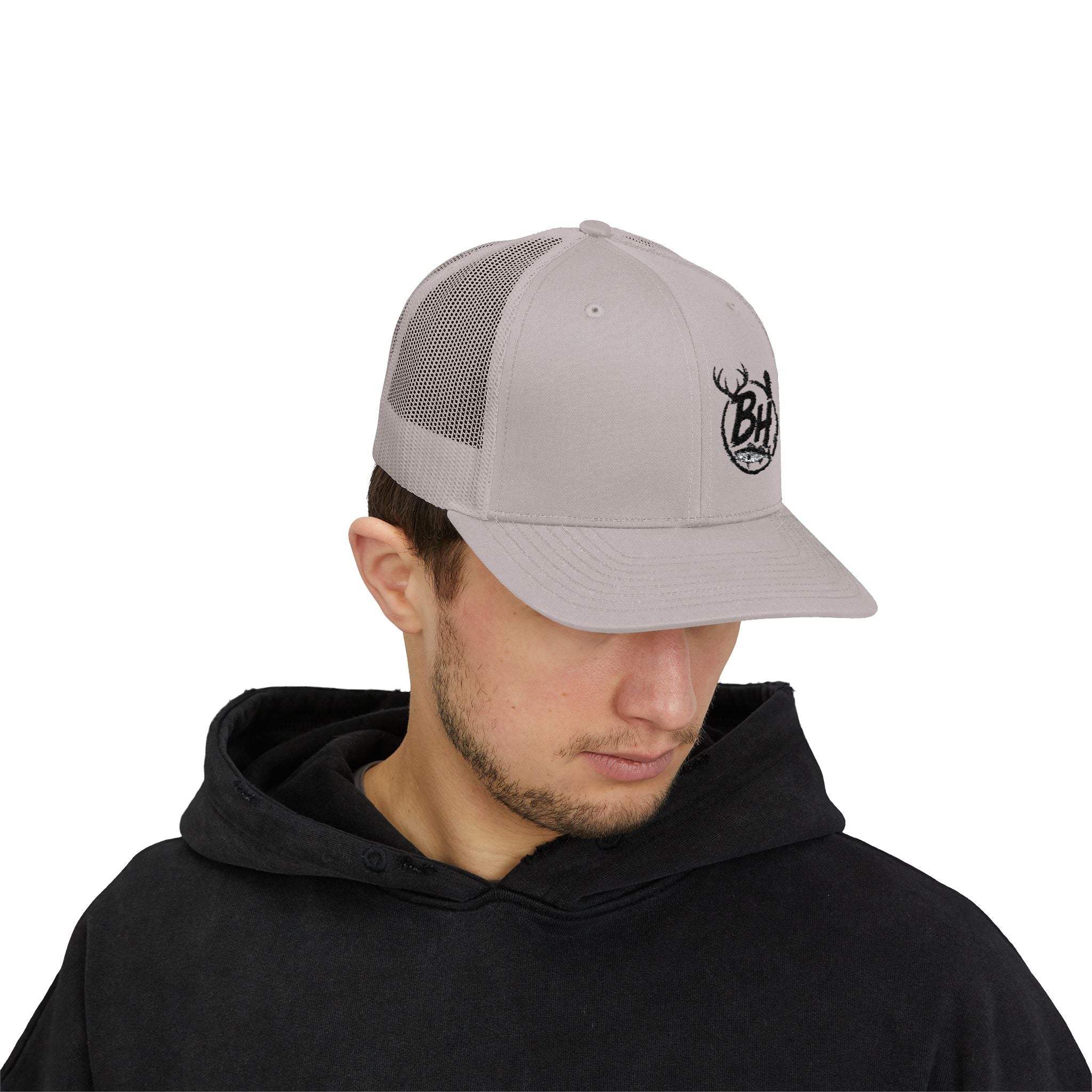 BH Deer Logo Trucker Cap — Embroidered Snapback Hat for Outdoorsmen