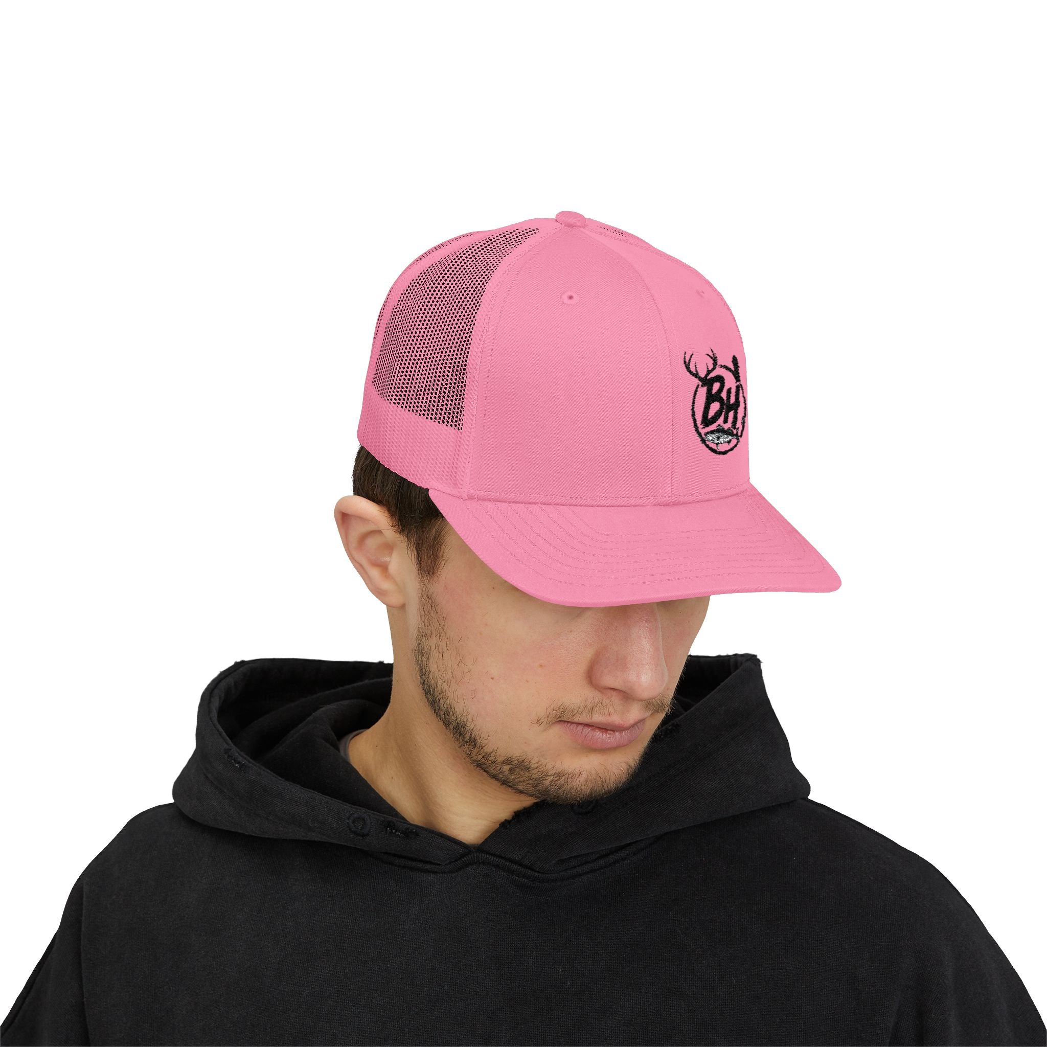 BH Deer Logo Trucker Cap — Embroidered Snapback Hat for Outdoorsmen