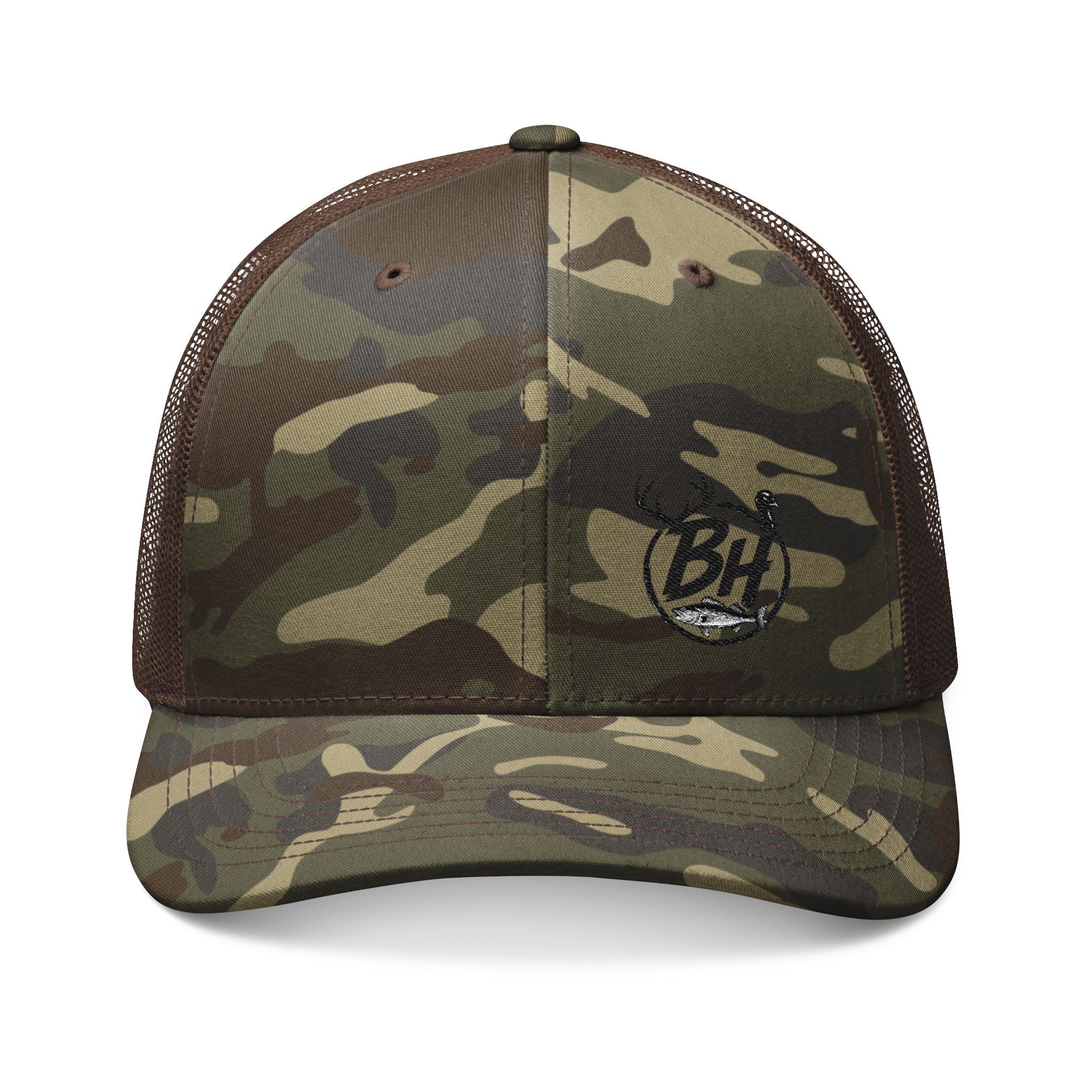 Camo Trucker Hat — Embroidered Buck Deer Logo, Outdoor Hunting Cap