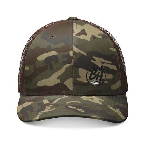 Camo Trucker Hat — Embroidered Buck Deer Logo, Outdoor Hunting Cap
