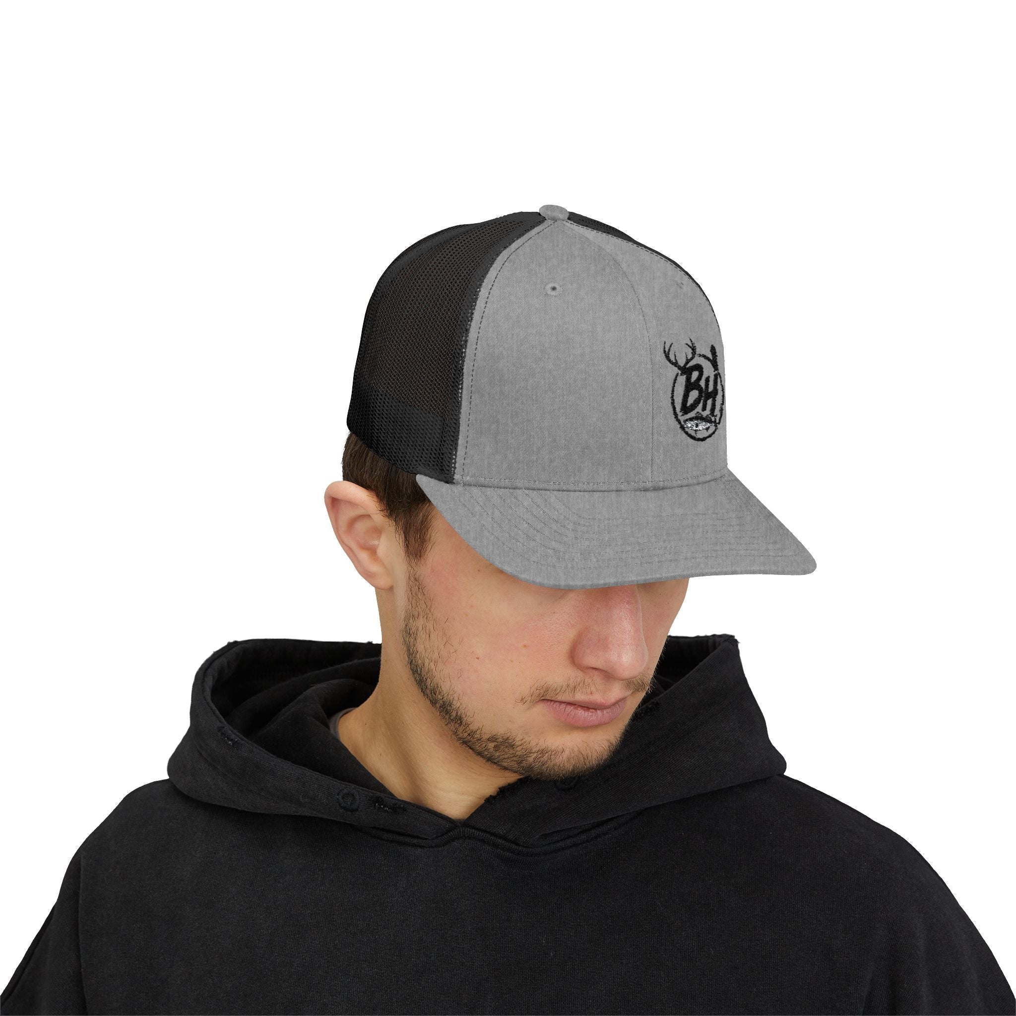 BH Deer Logo Trucker Cap — Embroidered Snapback Hat for Outdoorsmen