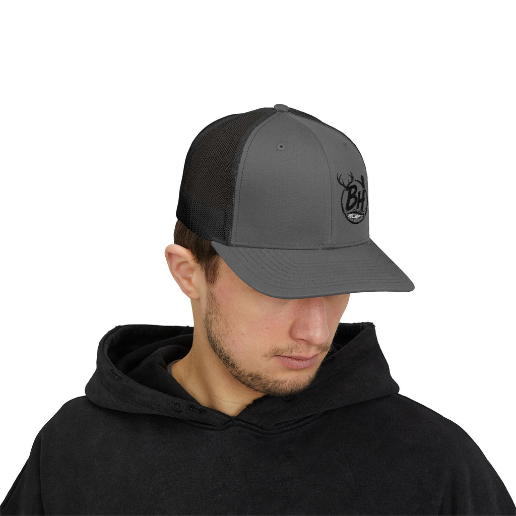 BH Deer Logo Trucker Cap — Embroidered Snapback Hat for Outdoorsmen