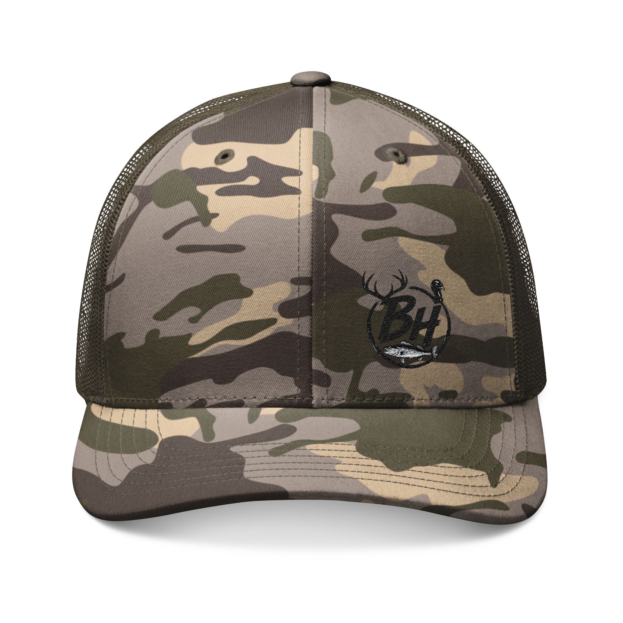 Camo Trucker Hat — Embroidered Buck Deer Logo, Outdoor Hunting Cap
